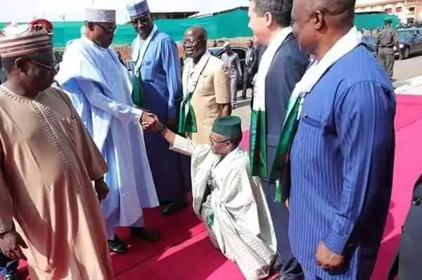 See Throwback Photos Of Governor El Rufai Kneeling Before Obasanjo, Atiku, Buhari and Oba Rilwan Akiolu