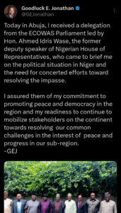 Niger Coup: Goodluck Jonathan Meets ECOWAS Parliament
