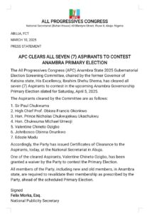 APC Names Seven Aspirants for Anambra Primary Election